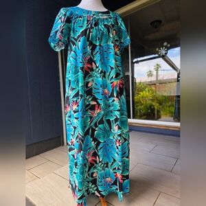 Vintage Hilo Hattie Blue Monstera Floral Print Muumuu Dress